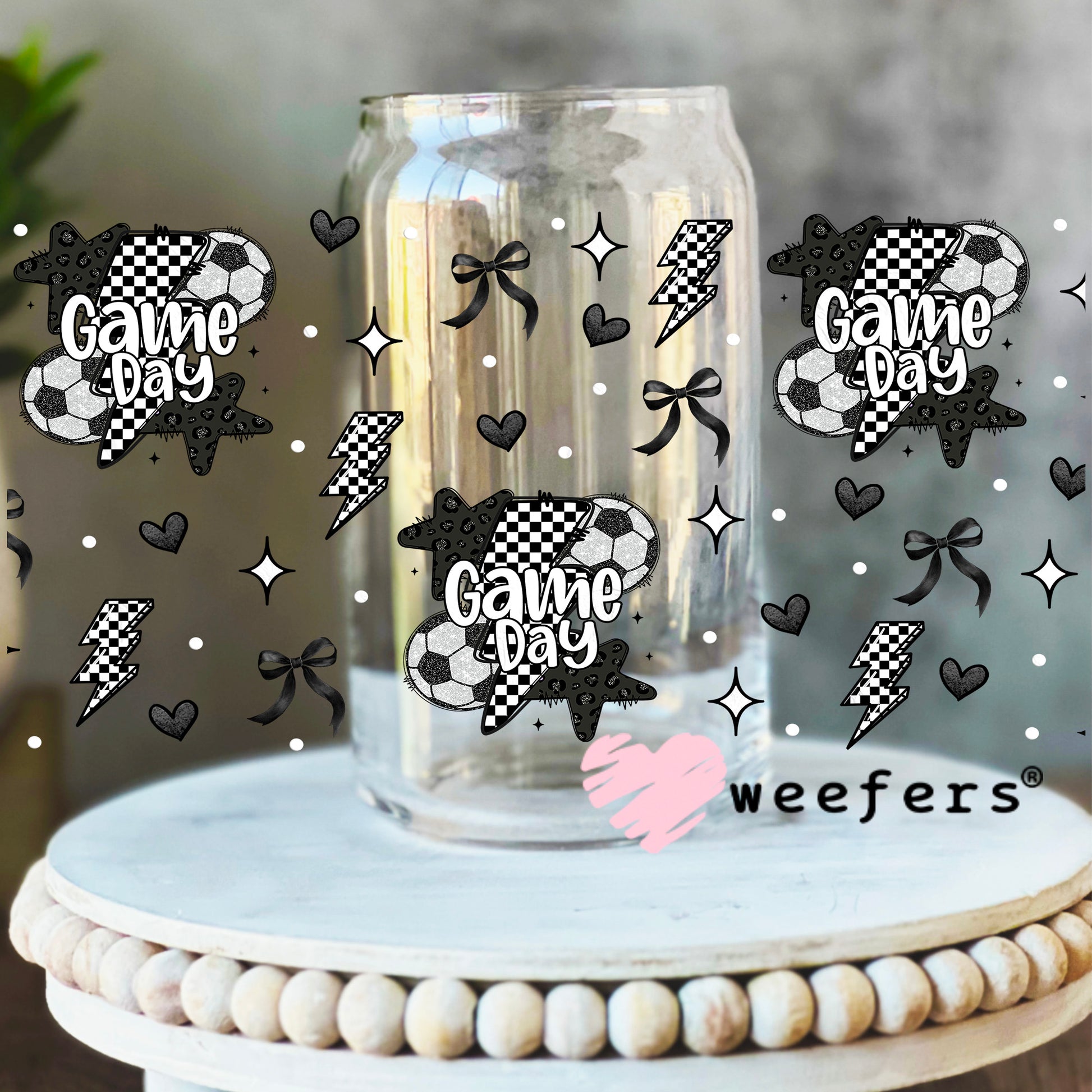 Game Day Soccer Black Checkered Lightening Bolts UV DTF Cup Wrap - WEEFERS EXCLUSIVE WRAP 16oz Libbey Glass Original Size Weefers