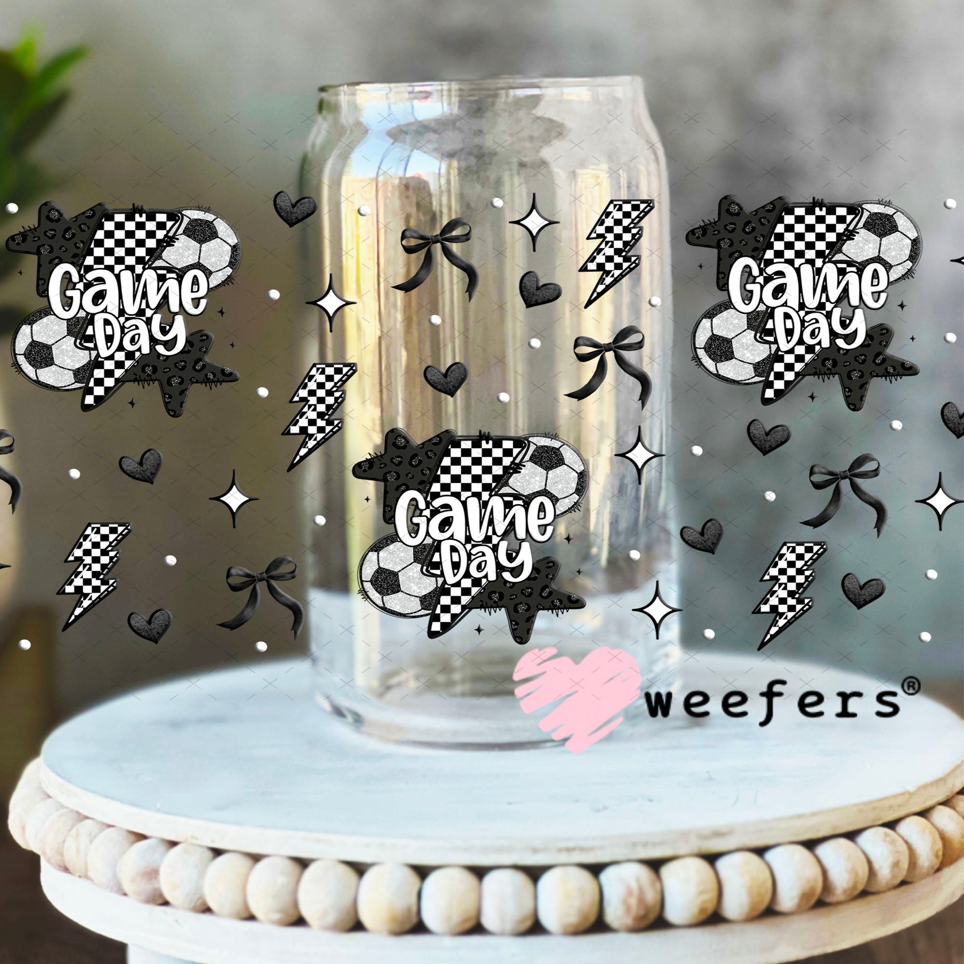 Game Day Soccer Black Checkered Lightening Bolts UV DTF Cup Wrap - WEEFERS EXCLUSIVE WRAP 16oz Libbey Glass Original Size Cup Wrap Weefers