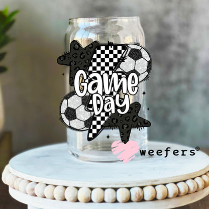 Game Day Soccer Black Checkered Lightening Bolts UV DTF Decal 16oz Libbey Glass Original Size Weefers