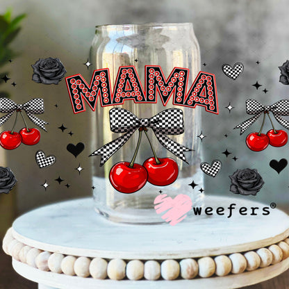 Mama Checkered Bow Cherries UV DTF Cup Wrap - Weefers® Exclusive 16oz Libbey Glass Original Size Cup Wrap Weefers