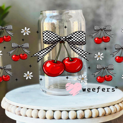 Black and White Checkered Bow Cherries UV DTF Cup Wrap - - Weefers® Exclusive 16oz Libbey Glass Original Size Cup Wrap Weefers