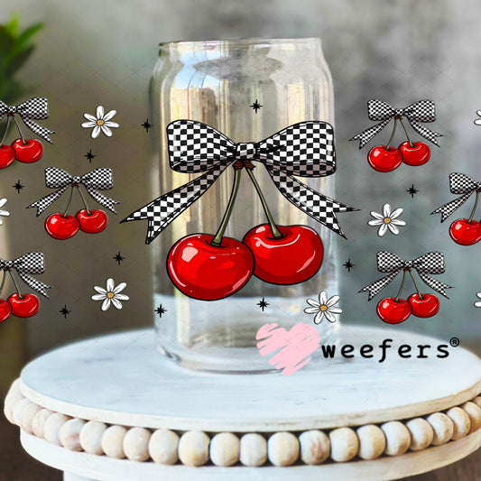 Black and White Checkered Bow Cherries UV DTF Cup Wrap - - Weefers® Exclusive 16oz Libbey Glass Original Size Cup Wrap Weefers