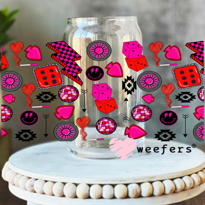 Caffeine and Chaos Hot Pink Dice Sidekick UV DTF Cup Wrap - WEEFERS EXCLUSIVE WRAP 16oz Libbey Glass Original Size Weefers