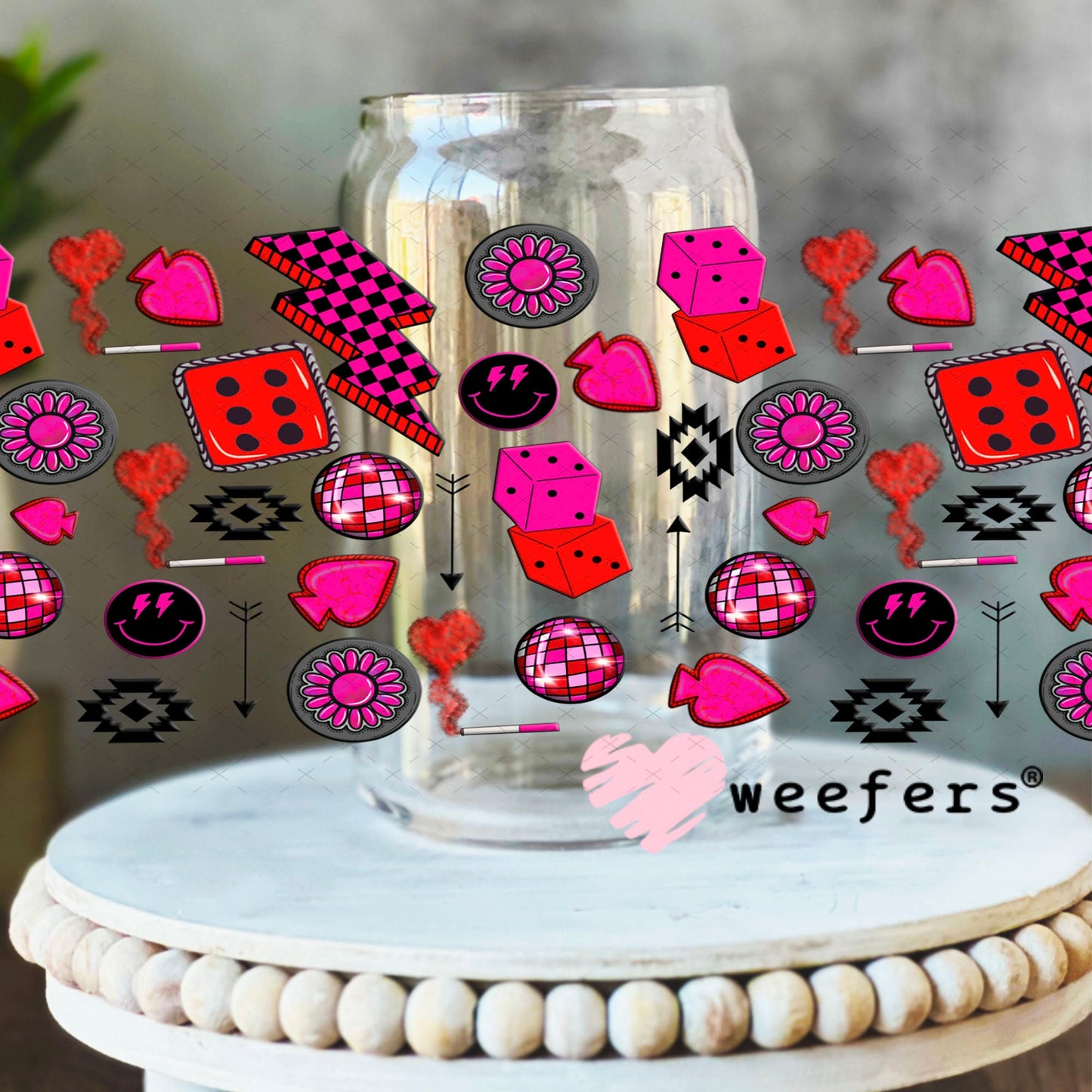 Caffeine and Chaos Hot Pink Dice Sidekick UV DTF Cup Wrap - WEEFERS EXCLUSIVE WRAP 16oz Libbey Glass Original Size Cup Wrap Weefers