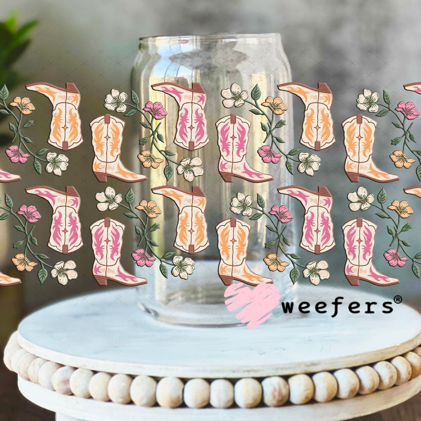 Cowgirl Boots Peach and Pink UV DTF Cup Wrap - WEEFERS EXCLUSIVE WRAP 16oz Libbey Glass Original Size Cup Wrap Weefers