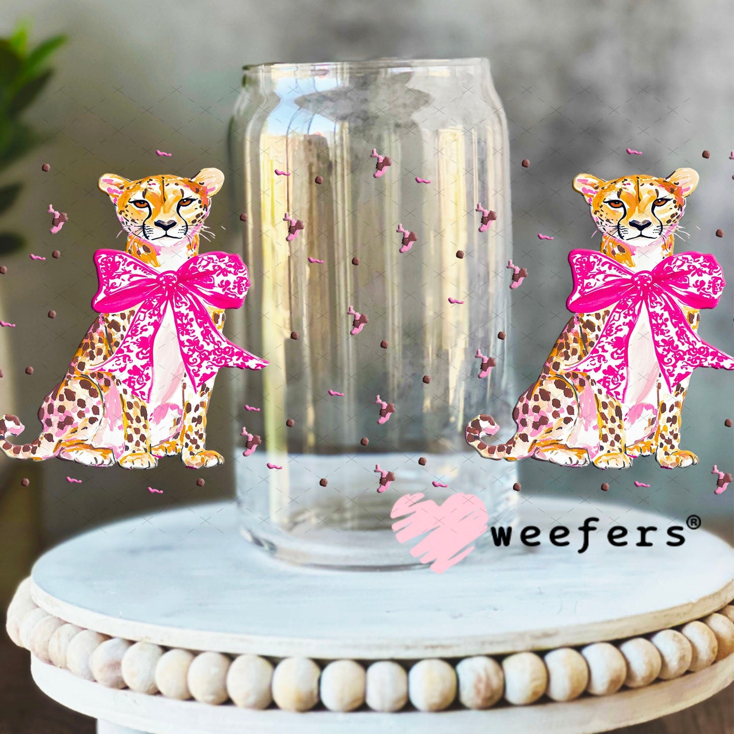 Pink Bow Jaguar UV DTF Cup Wrap - WEEFERS EXCLUSIVE WRAP 16oz Libbey Glass Original Size Cup Wrap Weefers