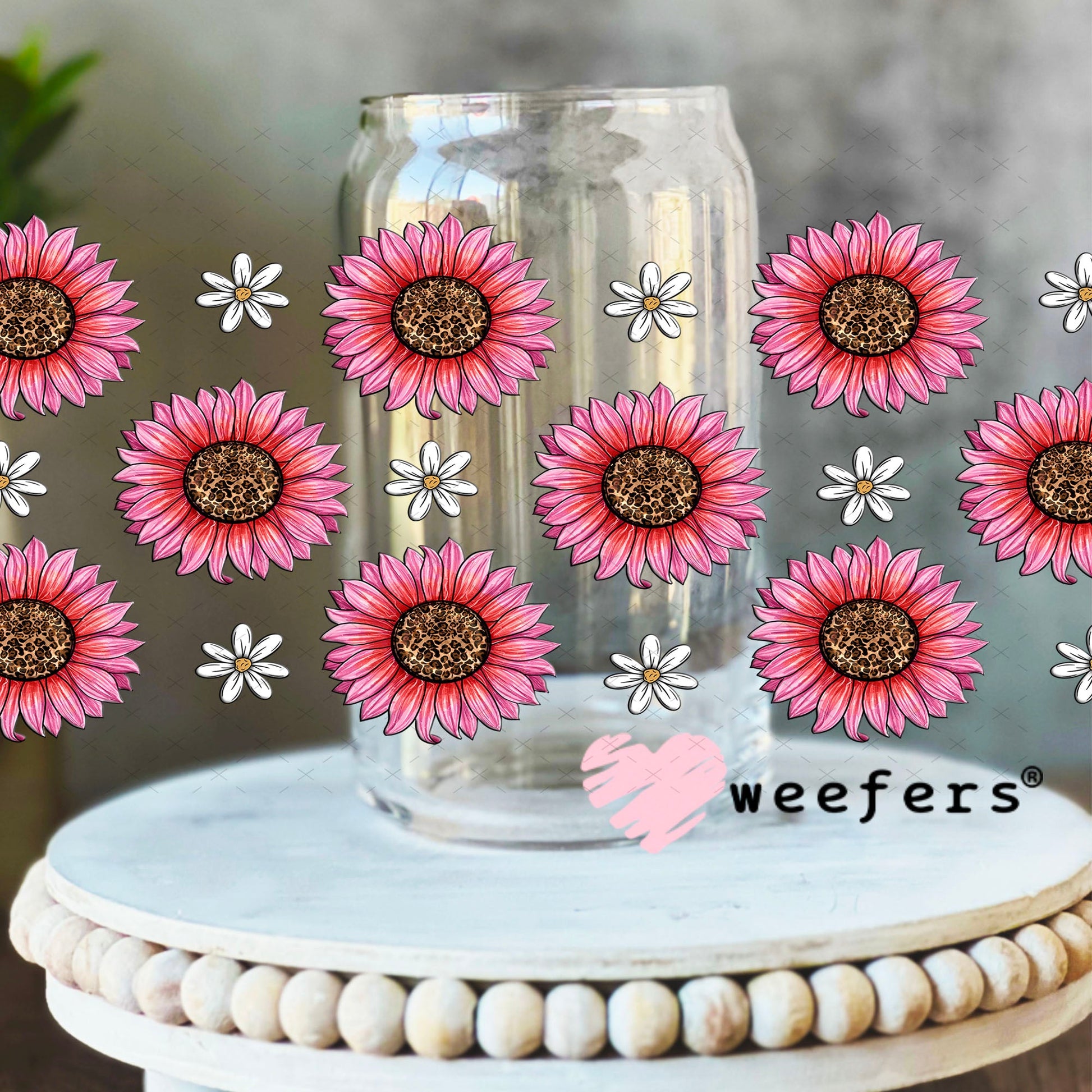 Pink Sunflowers UV DTF Cup Wrap - WEEFERS EXCLUSIVE WRAP 16oz Libbey Glass Original Size Cup Wrap Weefers