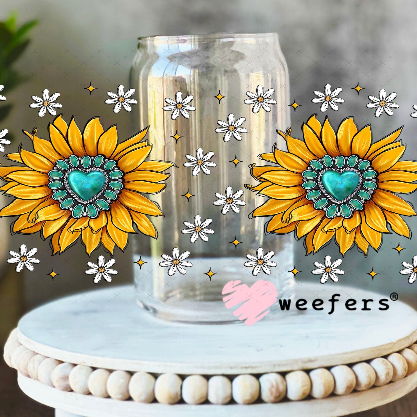 Yellow Sunflower Turquoise Jewels UV DTF Cup Wrap - WEEFERS EXCLUSIVE WRAP 16oz Libbey Glass Original Size Cup Wrap Weefers