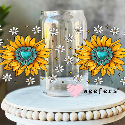 Yellow Sunflower Turquoise Jewels UV DTF Cup Wrap - WEEFERS EXCLUSIVE WRAP 16oz Libbey Glass Original Size Cup Wrap Weefers