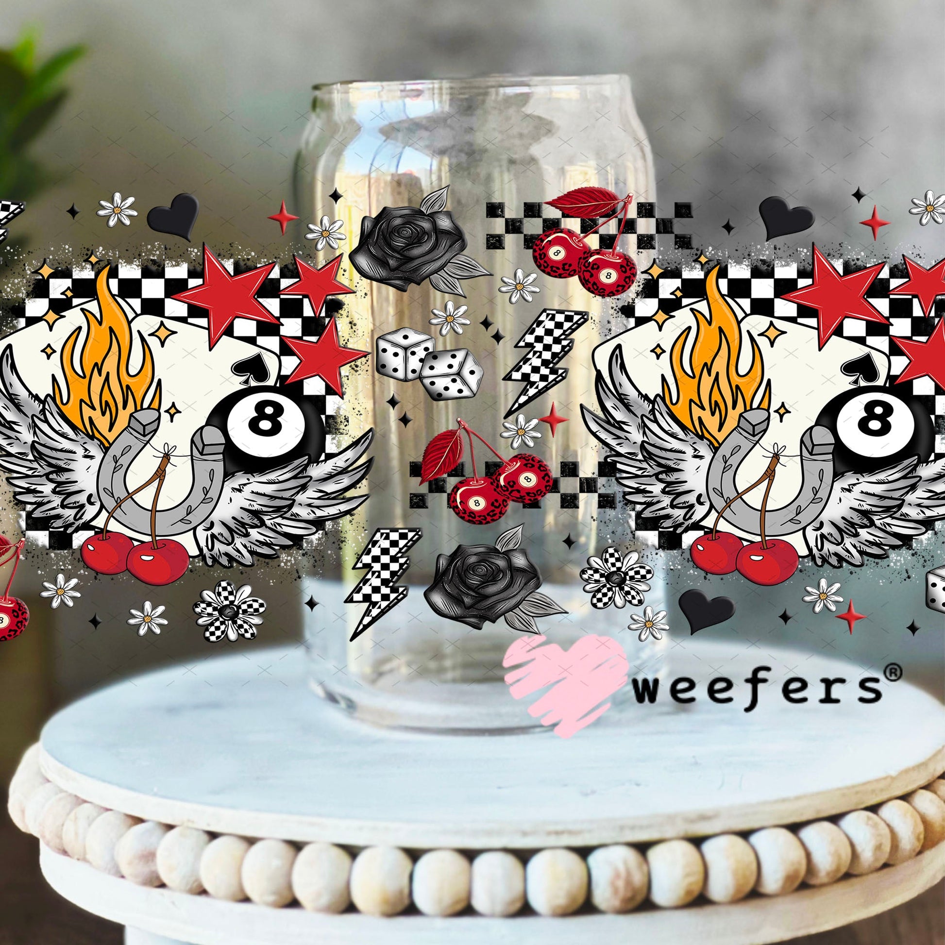 Angle Of Luck Flames and Cherries UV DTF Cup Wrap Exclusive WEEFERS WRAP 16oz Libbey Glass Original Size Cup Wrap Weefers