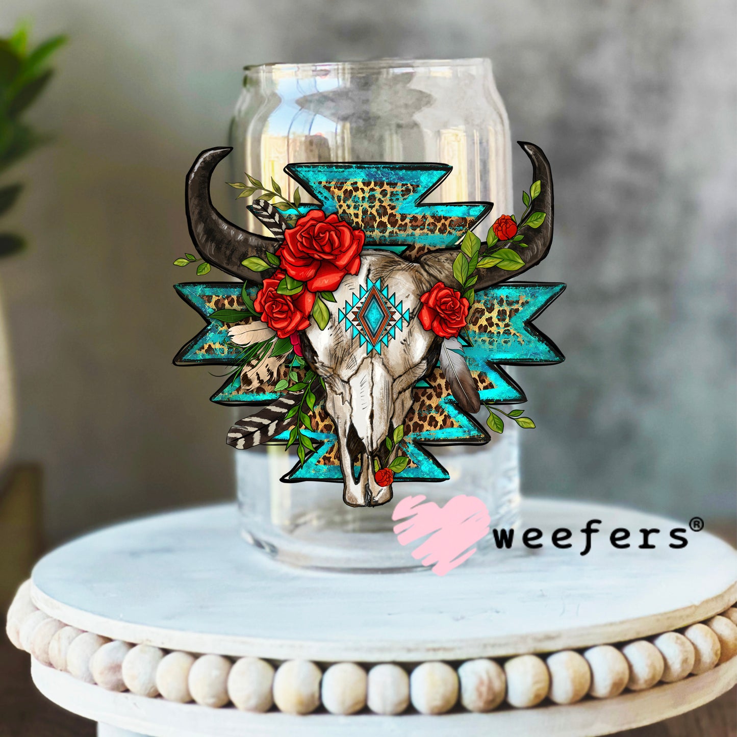 Teal and Red Cow Skull UV DTF Decal 16oz Libbey Glass Original Size Weefers