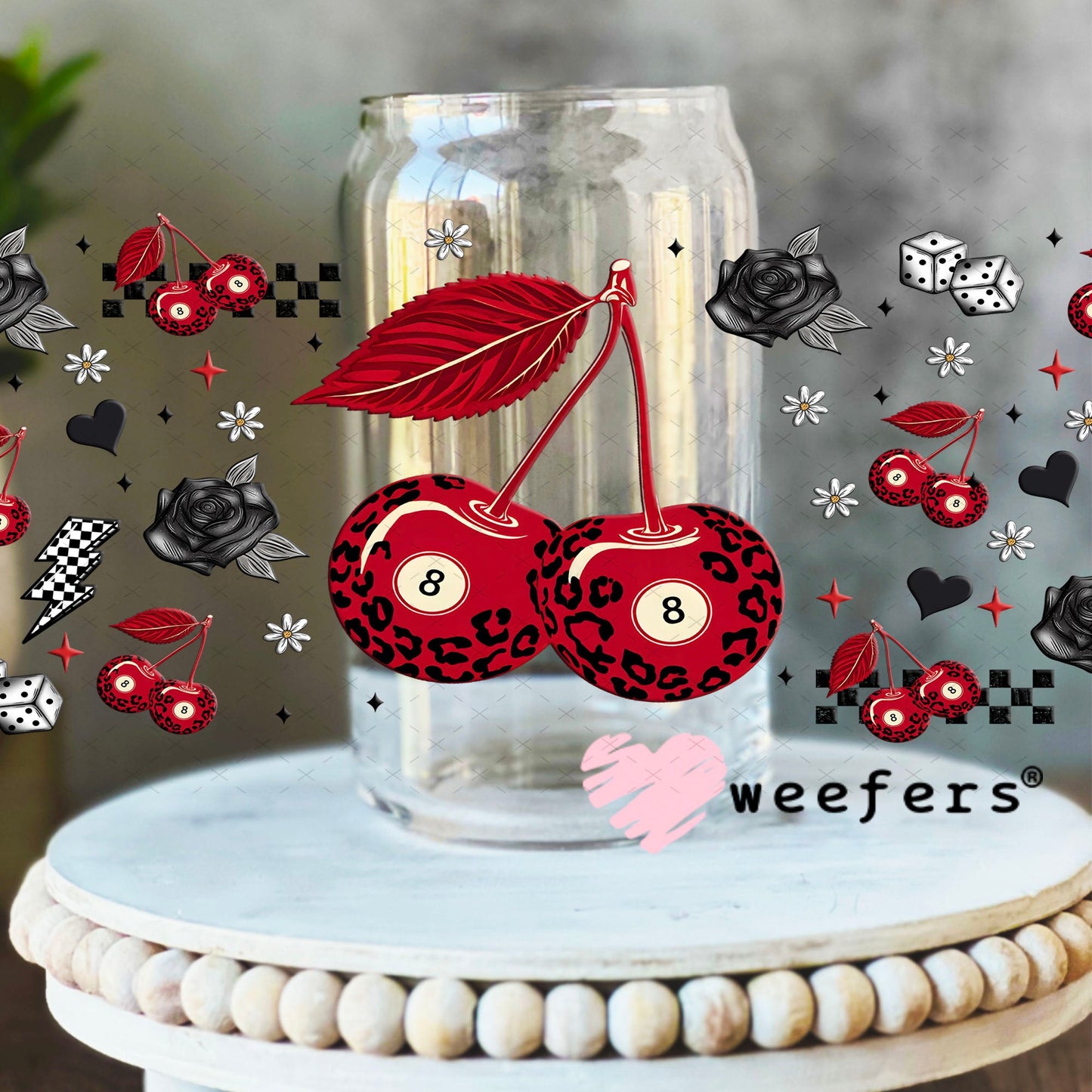 Leopard Red Cherry Eight Ball UV DTF Cup Wrap - Exclusive WEEFERS WRAP 16oz Libbey Glass Original Size Cup Wrap Weefers