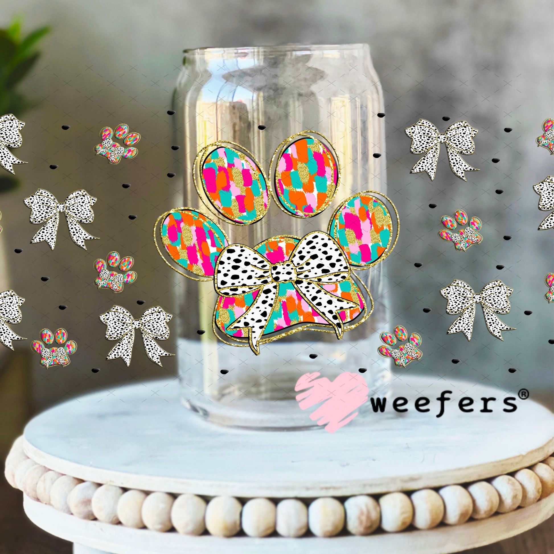 Dog Paw and Black Dotted Bows UV DTF Cup Wrap - Exclusive WEEFERS WRAP 16oz Libbey Glass Original Size Cup Wrap Weefers