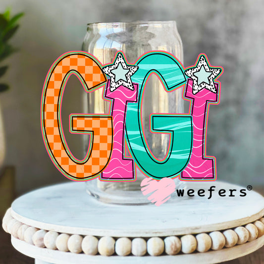 Gigi Orange Pink Teal UV DTF Decal 16oz Libbey Glass Original Size Weefers