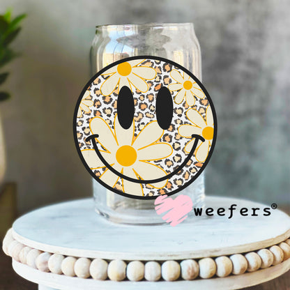 Yellow Flowers Leopard Smile Face UV DTF Decal 16oz Libbey Glass Original Size Weefers