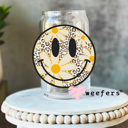 Yellow Flowers Leopard Smile Face UV DTF Decal 16oz Libbey Glass Original Size Weefers