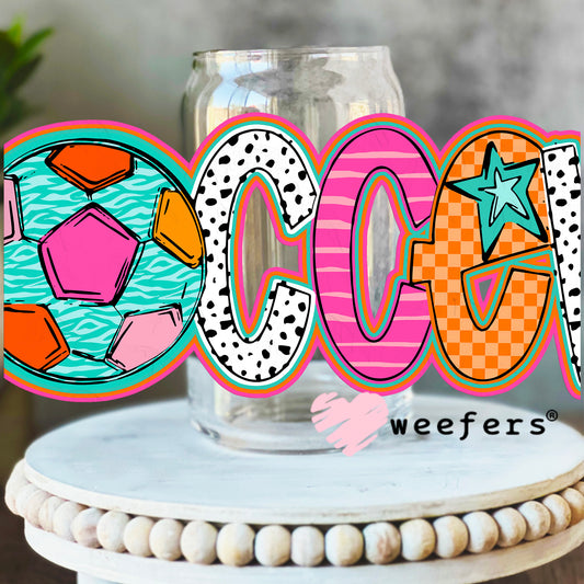 Soccer Orange Pink Teal UV DTF Decal 16oz Libbey Glass Original Size Weefers