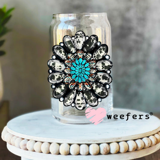Black and White Dotted Turquoise Jewel UV DTF Decal 16oz Libbey Glass Original Size Weefers