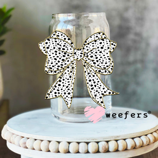 Black and White Dotted Bow Gold Outline Jewel UV DTF Decal 16oz Libbey Glass Original Size Weefers
