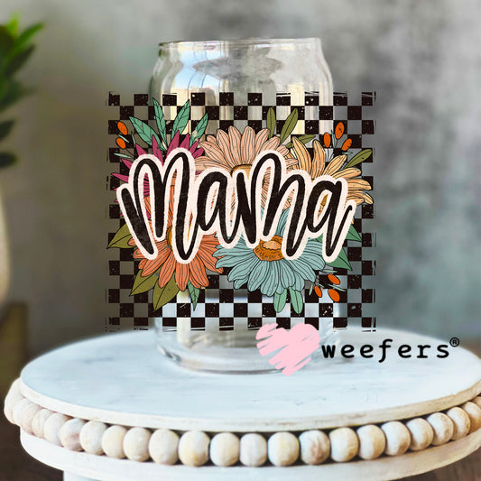 Mama Black Checkered Flowers UV DTF Decal 16oz Libbey Glass Original Size Weefers