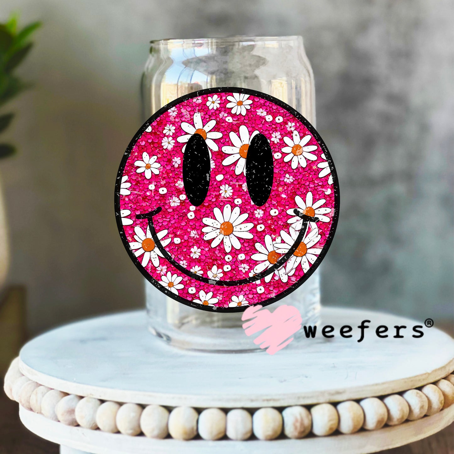 Pink Smile Face White Flowers UV DTF Decal 16oz Libbey Glass Original Size Weefers