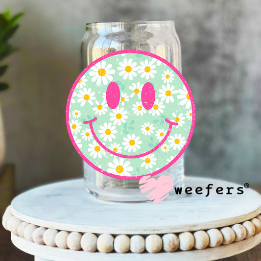 Mint Green Smile Face White Flowers Hot Pink Outline UV DTF Decal 16oz Libbey Glass Original Size Weefers