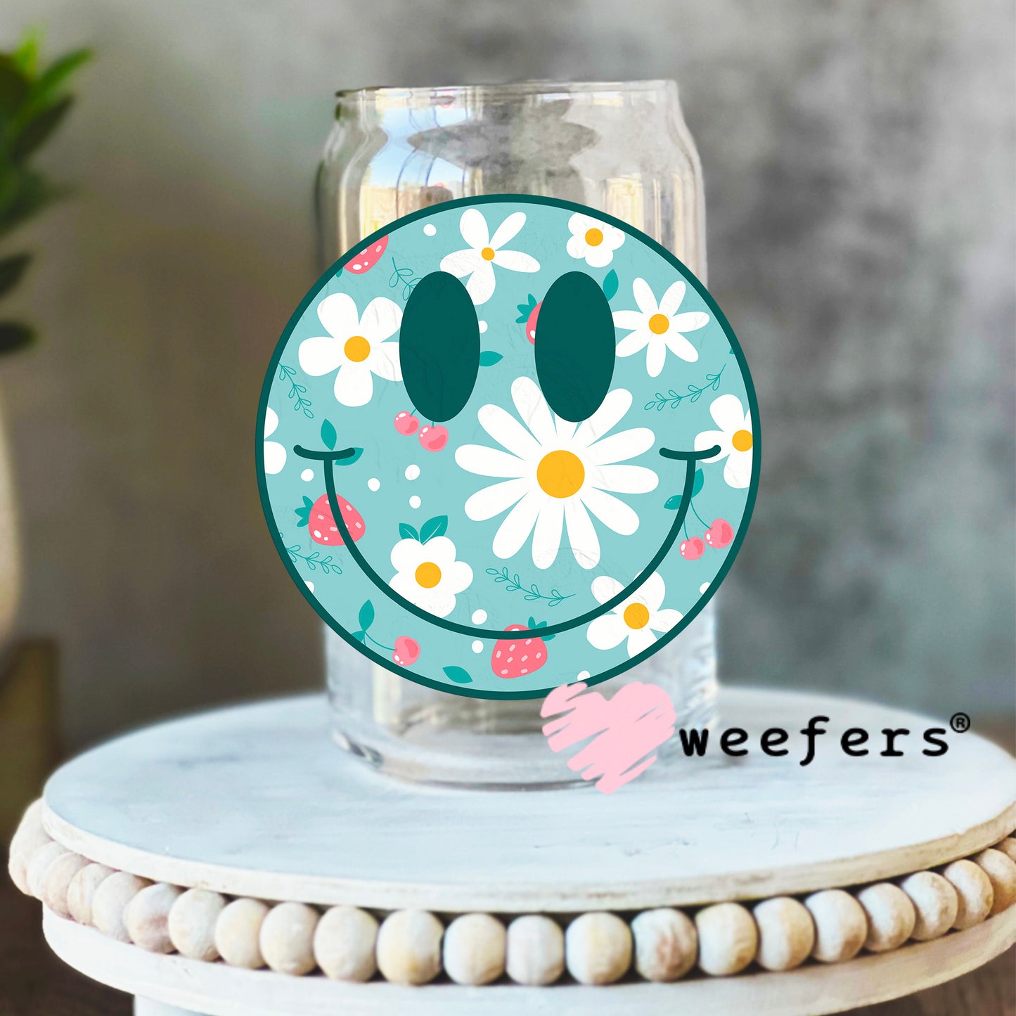 Blue Smile Face White Flowers UV DTF Decal 16oz Libbey Glass Original Size Weefers
