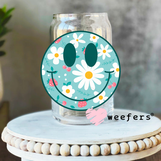 Blue Smile Face White Flowers UV DTF Decal 16oz Libbey Glass Original Size Weefers