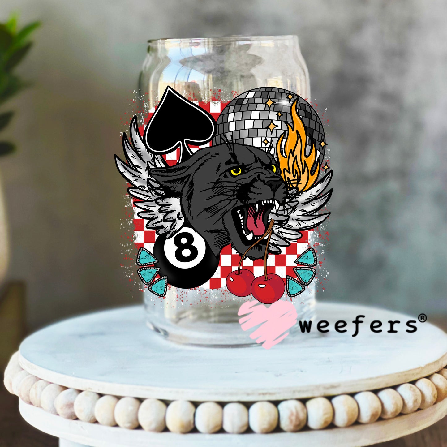 Black Panther Eightball UV DTF Decal 16oz Libbey Glass Original Size Weefers