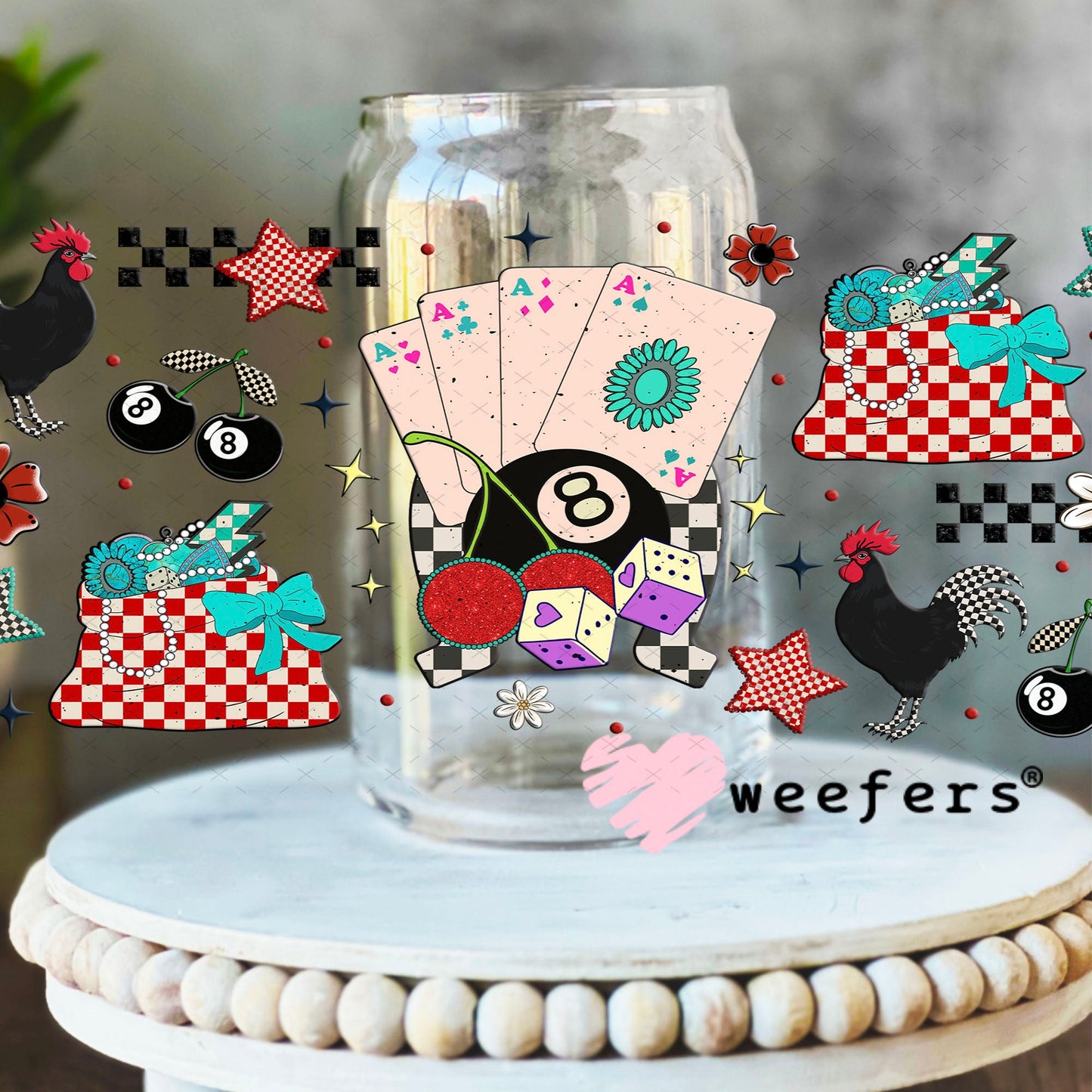 Aces Eight Balls and Roosters UV DTF Cup Wrap - Weefers Exclusive Wrap 16oz Libbey Glass Original Size Weefers