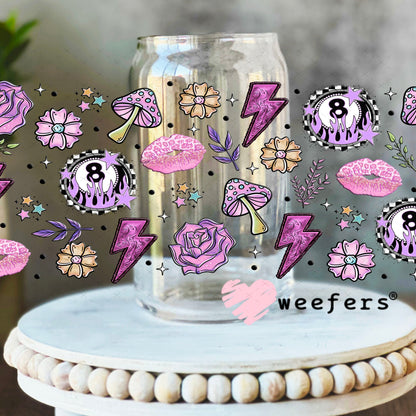 Purple Eight Ball Lightening Bolts and Roses UV DTF Cup Wrap - Weefers Exclusive Wrap 16oz Libbey Glass Original Size Weefers