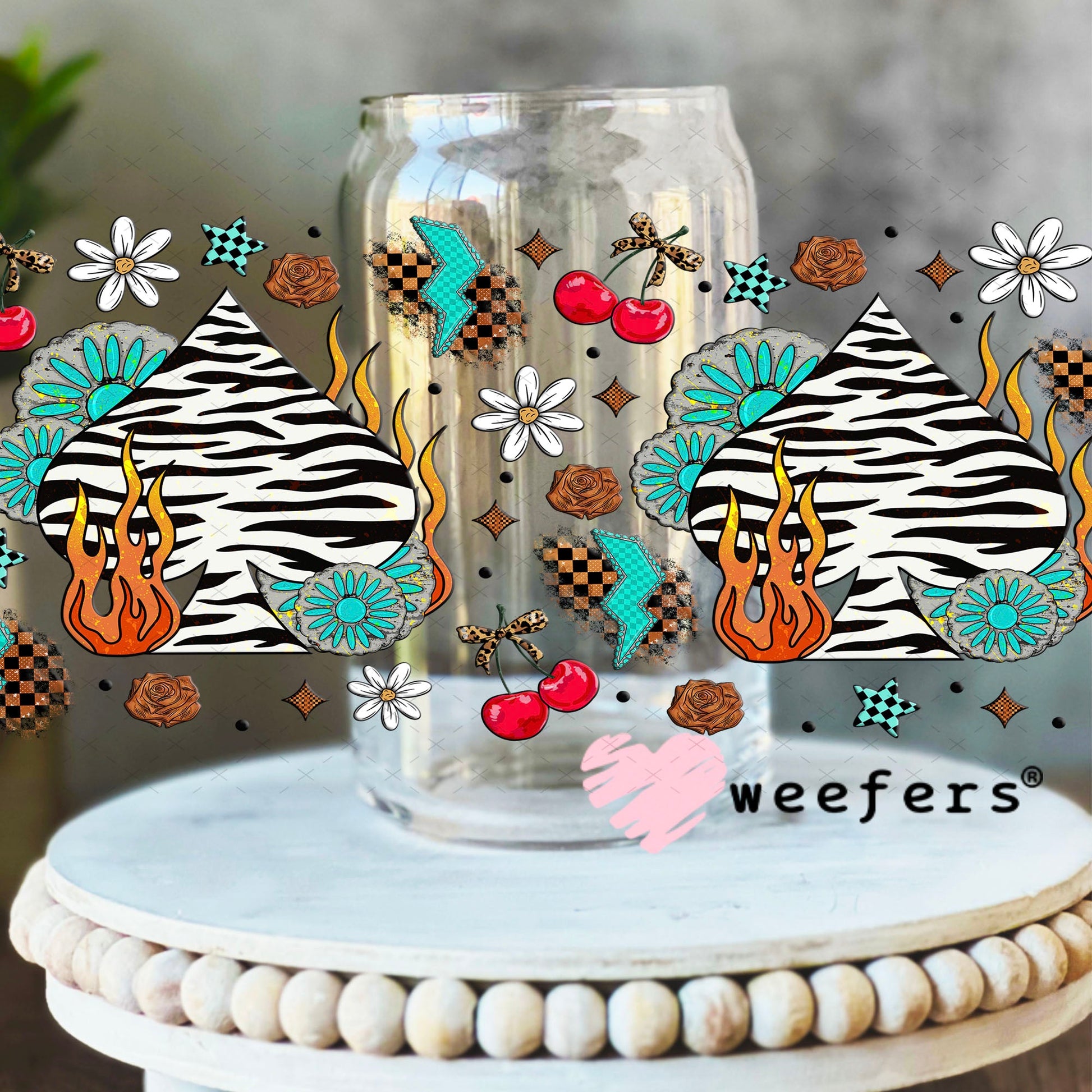 Zebra Spade Lightening Bolts UV DTF Cup Wrap - Weefers® Exclusive Wrap 16oz Libbey Glass Original Size Weefers