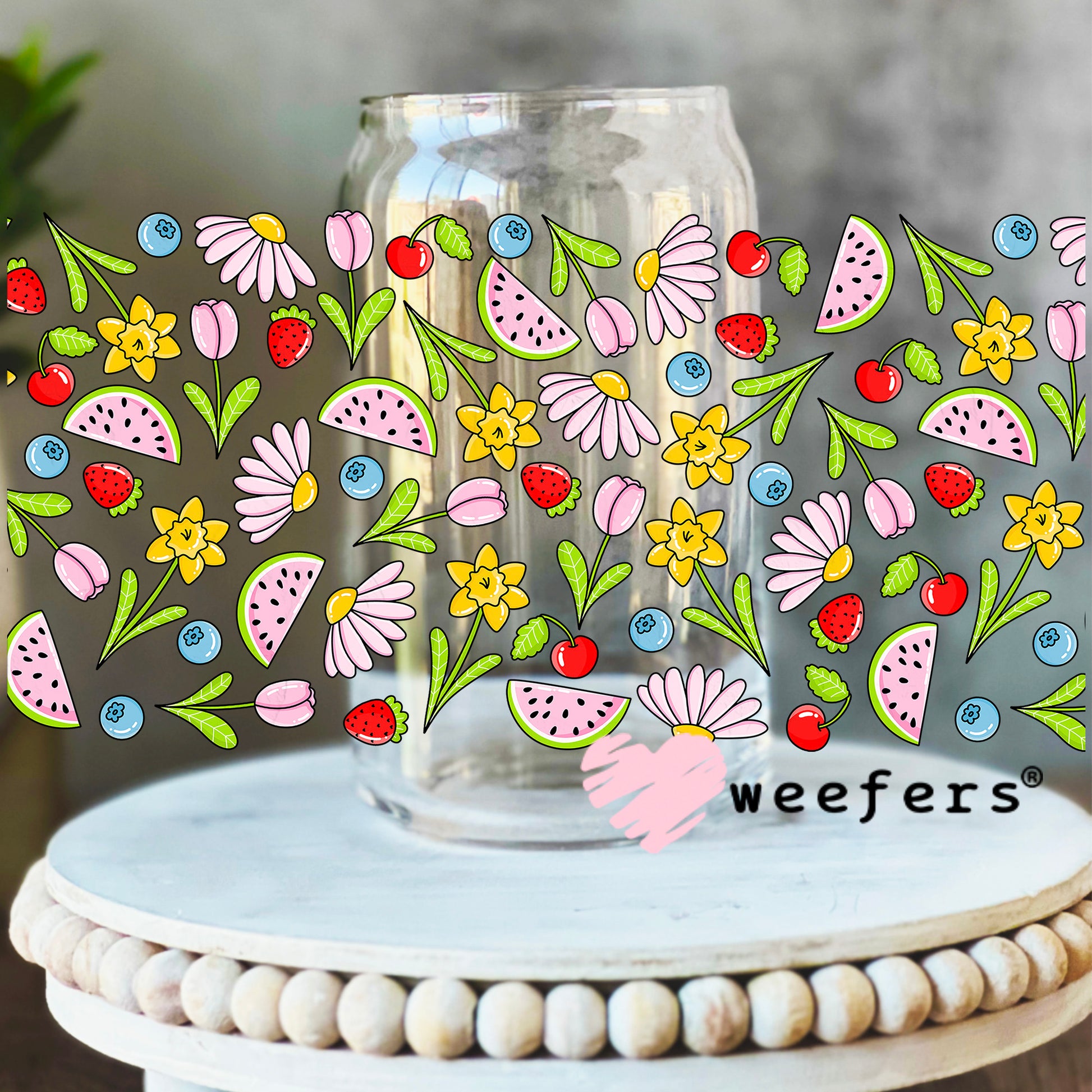 Fruit Vibes Watermelon Flowers UV DTF Cup Wrap 16oz Libbey Glass Original Size Weefers
