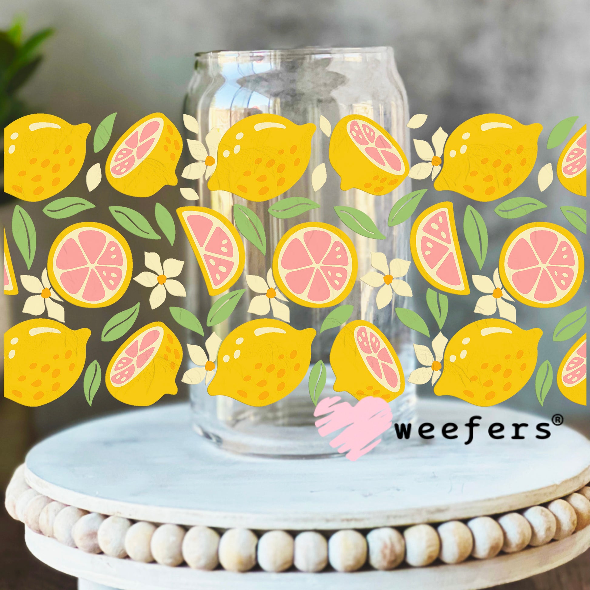 Pink and Yellow Lemons UV DTF Cup Wrap 16oz Libbey Glass Original Size Weefers