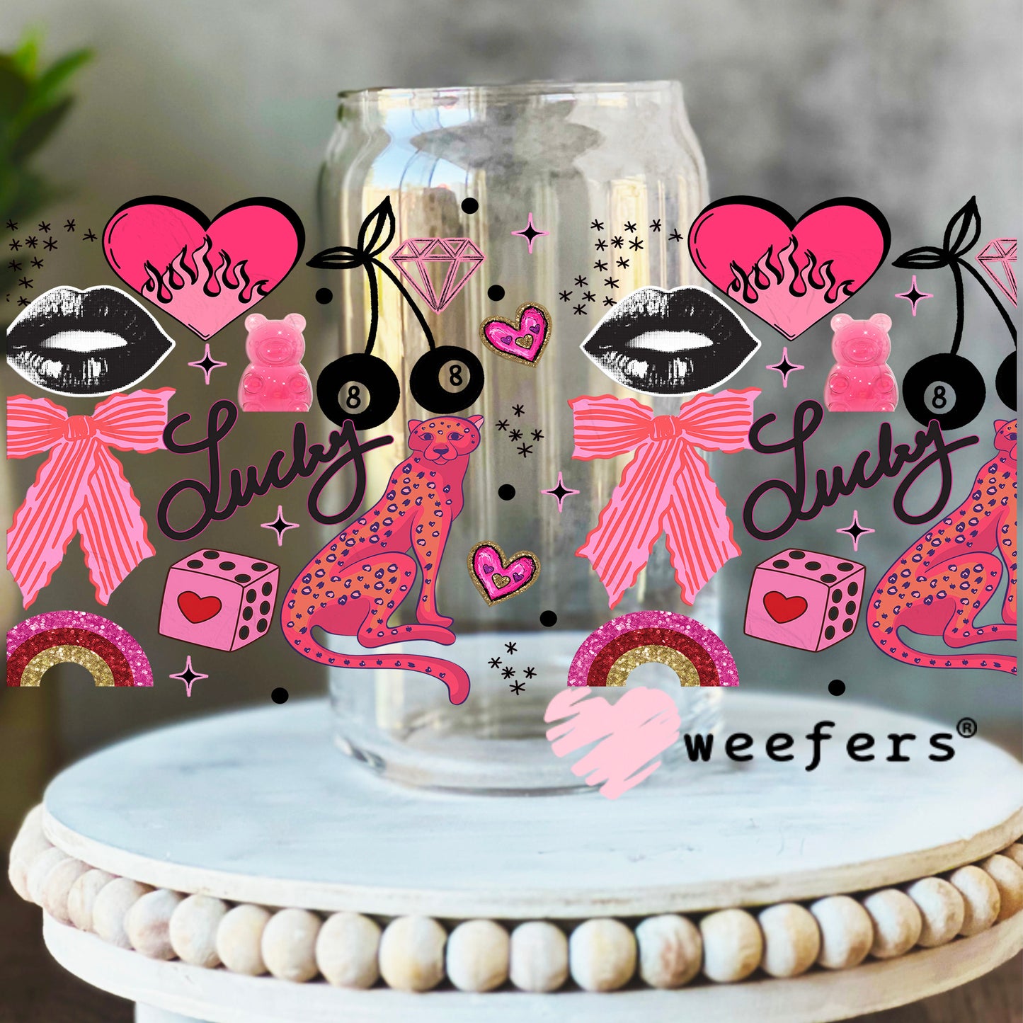Lucky Pink Jaguar UV DTF Cup Wrap - Weefers Exclusive Wrap 16oz Libbey Glass Original Size Weefers