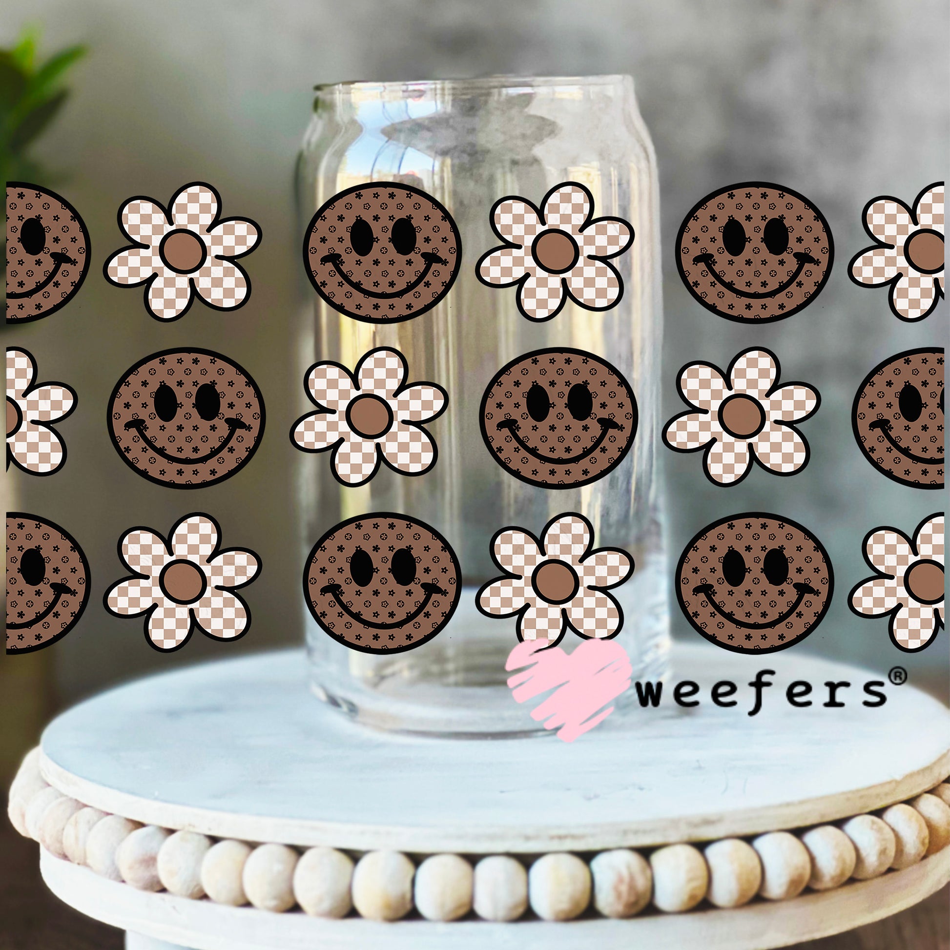 Brown Smile Faces Neutral Flowers UV DTF Cup Wrap - Weefers Exclusive Wrap 16oz Libbey Glass Original Size Weefers