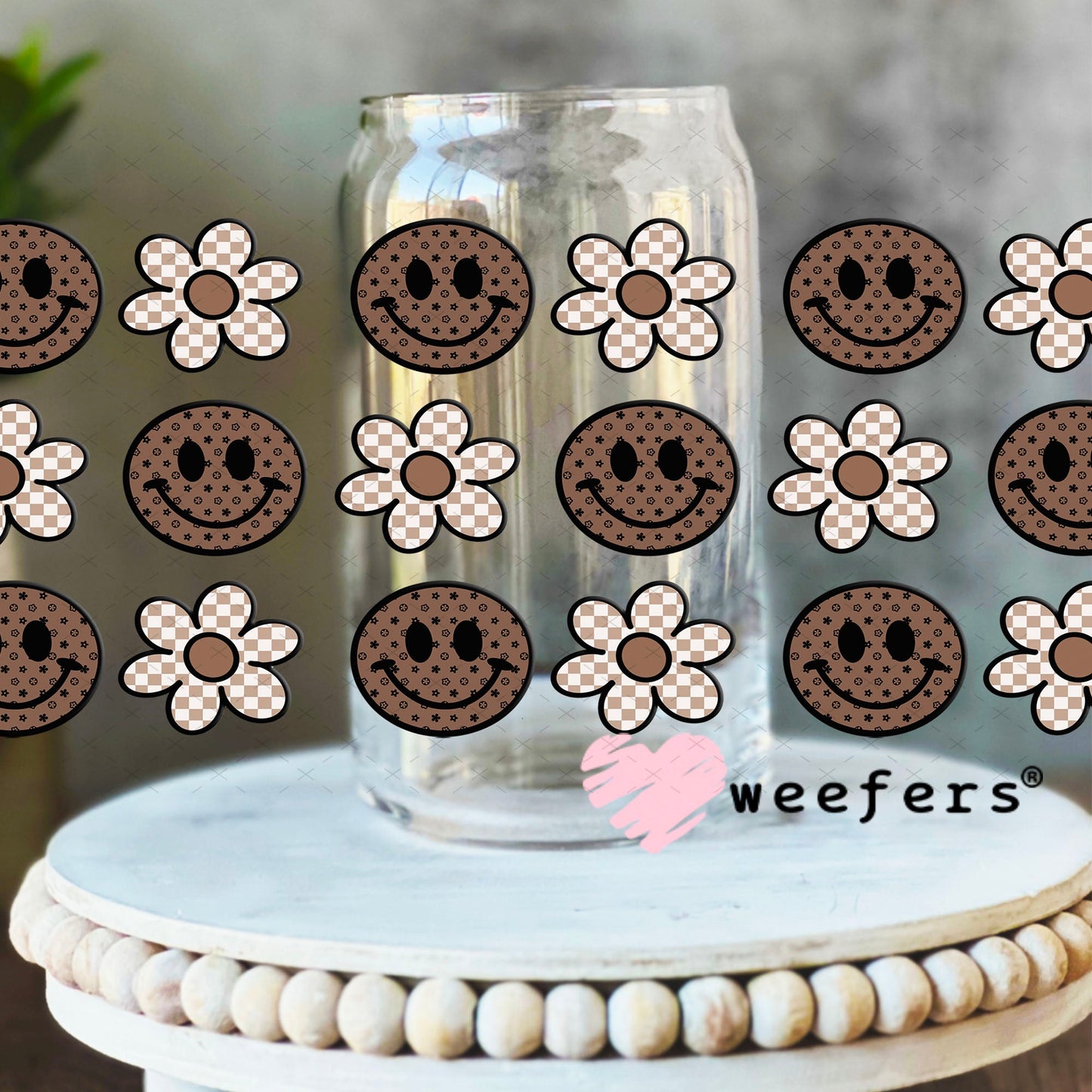 Brown Smile Faces Neutral Flowers UV DTF Cup Wrap - Weefers Exclusive Wrap Weefers