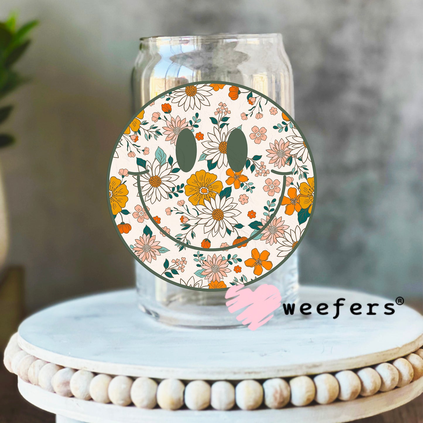 Green Orange Floral Smile Face UV DTF Decal 16oz Libbey Glass Original Size Weefers