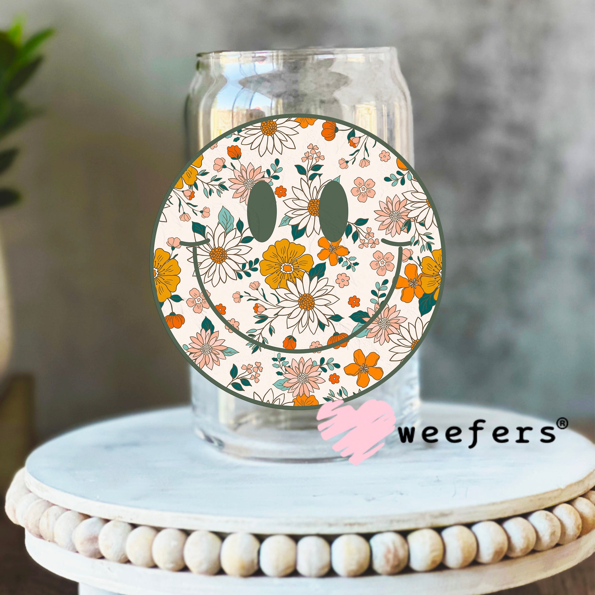 Green Orange Floral Smile Face UV DTF Decal 16oz Libbey Glass Original Size Weefers