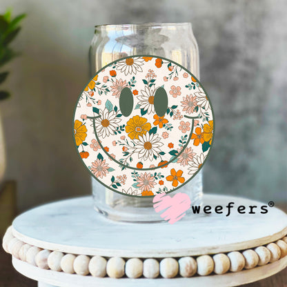 Green Orange Floral Smile Face UV DTF Decal 16oz Libbey Glass Original Size Weefers