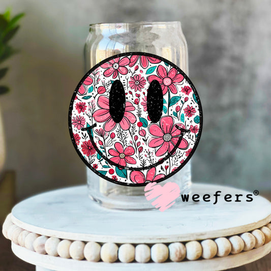 Black Mauve Floral Smile Face UV DTF Decal 16oz Libbey Glass Original Size Weefers