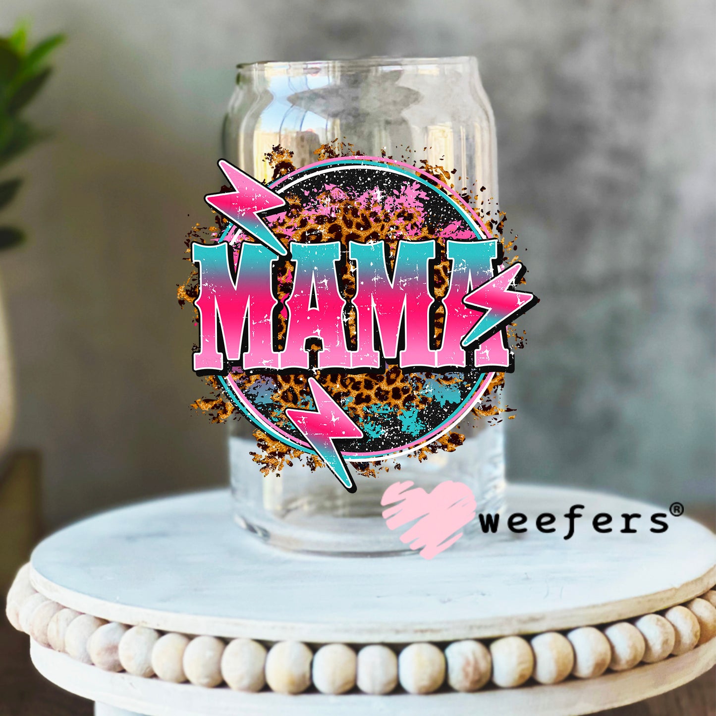 Mama Pink Teal Lightening Bolt UV DTF Decal 16oz Libbey Glass Original Size Weefers
