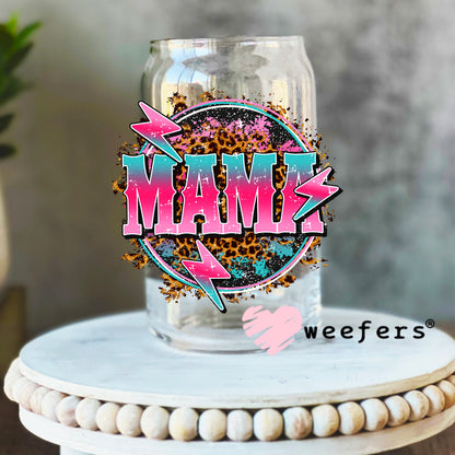 Mama Pink Teal Lightening Bolt UV DTF Decal 16oz Libbey Glass Original Size Weefers