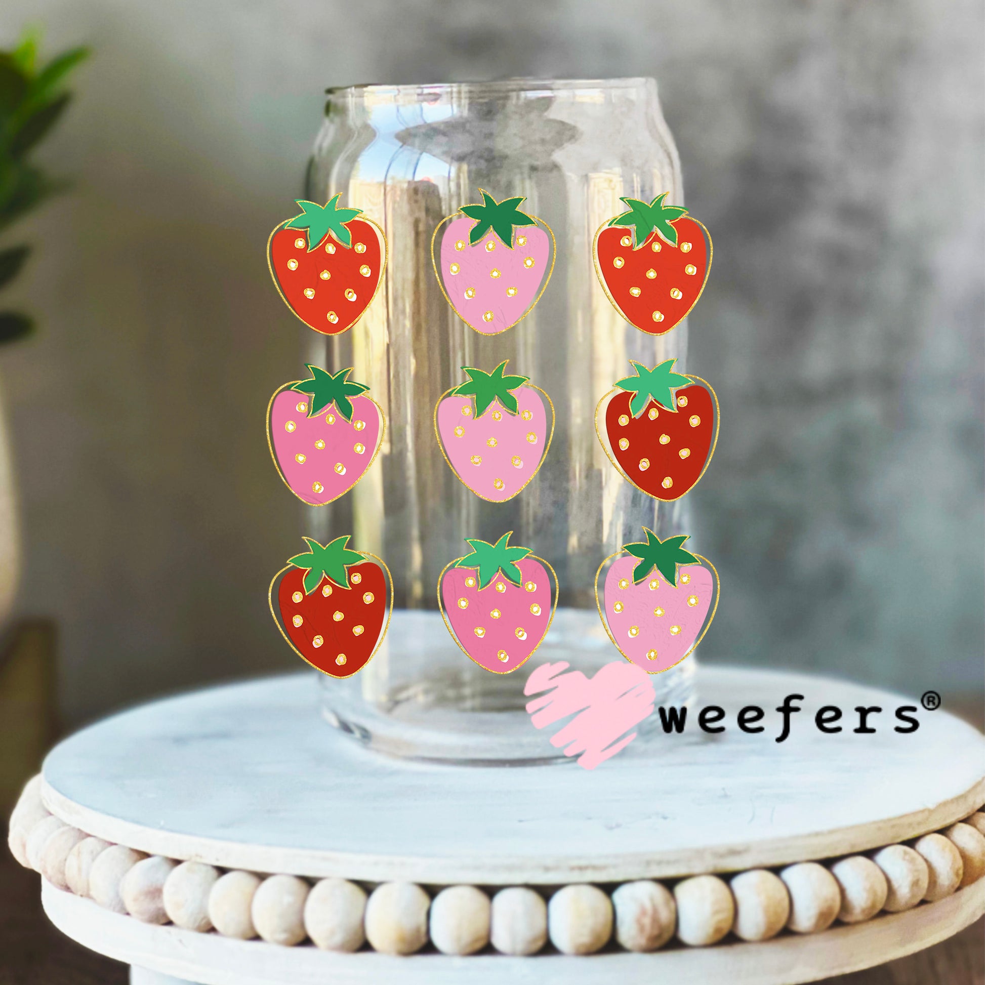 Pink and Red Strawberries UV DTF Decal 16oz Libbey Glass Original Size Weefers