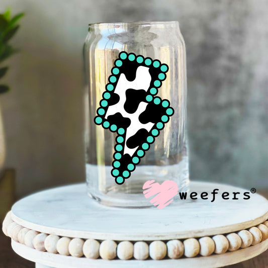 Cow Print Turquoise Lightening Bolt UV DTF Decal 16oz Libbey Glass Original Size Weefers