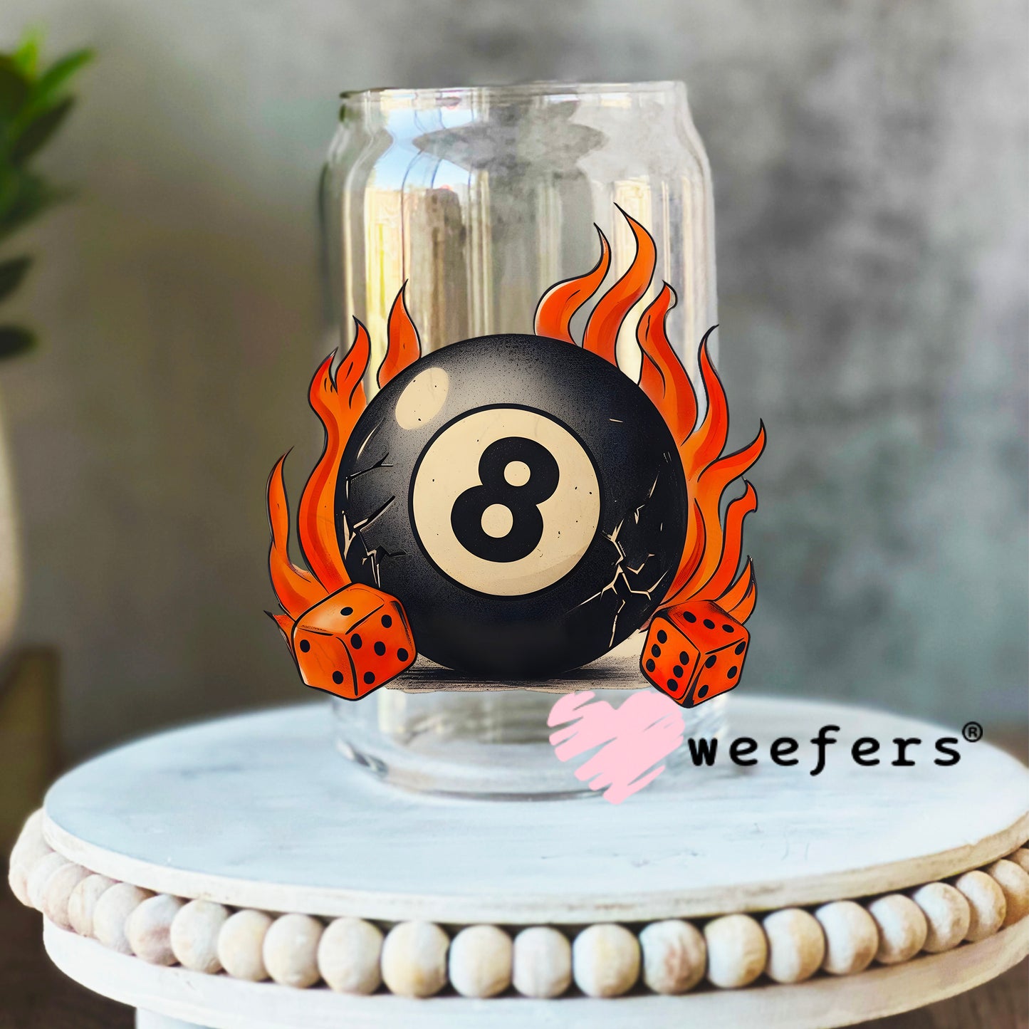 Fire Flame Eight Ball UV DTF Decal 16oz Libbey Glass Original Size Weefers