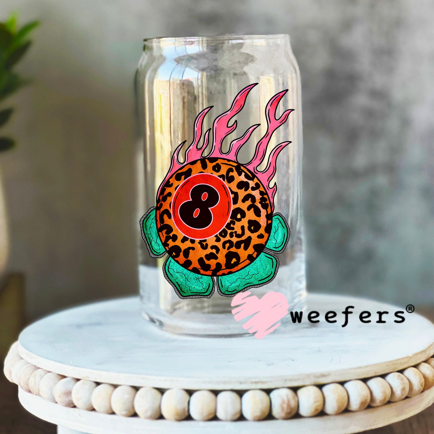 Fire Flame Turquoise Eight Ball UV DTF Decal 16oz Libbey Glass Original Size Weefers