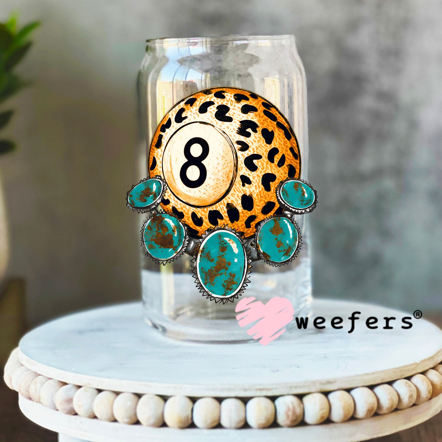 Leopard Eightball Turquoise UV DTF Decal 16oz Libbey Glass Original Size Weefers