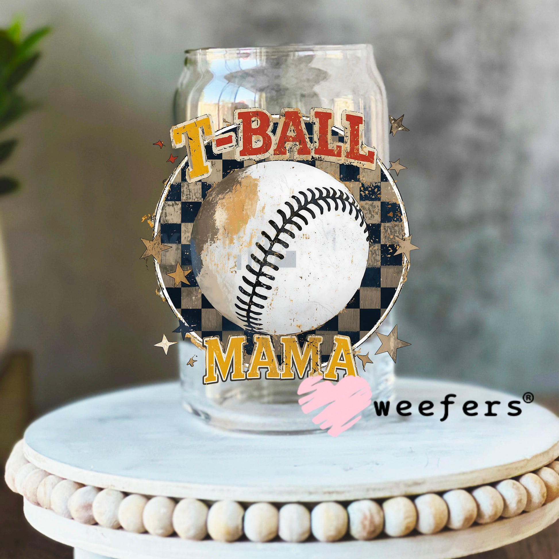 T-Ball Mama Checkered UV DTF Decal 16oz Libbey Glass Original Size Weefers