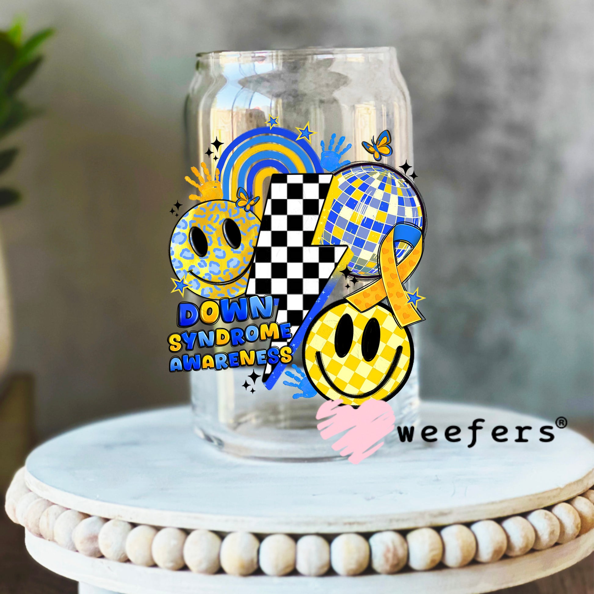 Retro Down Syndrome Lightening Bolt UV DTF Decal 16oz Libbey Glass Original Size Weefers